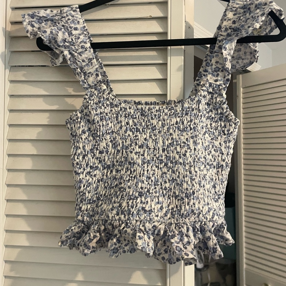 Altar'd State Blue and White Smocked Ruffled Tank Top — Greta Flora Top